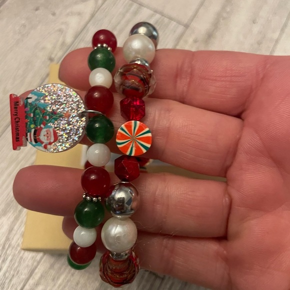 Holiday Bracelet Set of 2, Jade, Crystal with snow globe charm, silver accents, - Picture 6 of 6